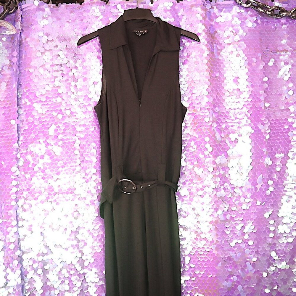 BLACK BELTED JUMPSUIT S *FLAWED* Venus Altered DIY Work Dressy Formal Chic Fall